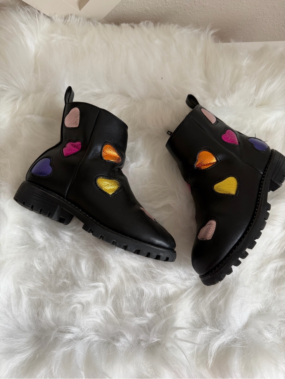 Kurt Geiger Black Ankle Combat Boots with Multicolor Heart Patches